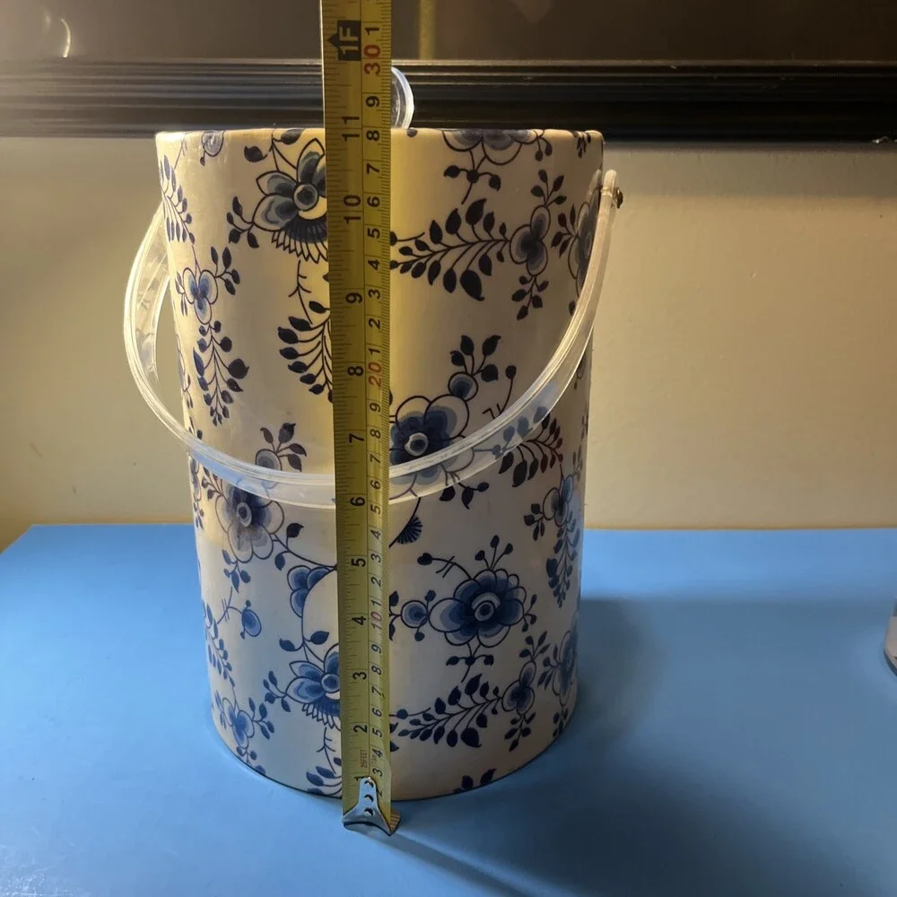 Vintage Tall White & Blue Floral Ice Bucket , Delft Blue